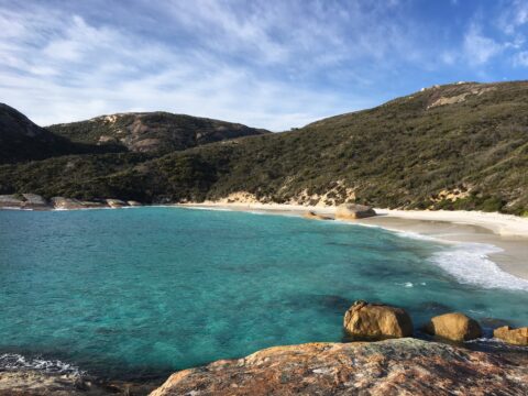 "The bay at Little Beach, in Two People's Bay National Park, where we obtained some of the first ML recordings of the Western Bristlebird and Western Whipbird. Photo by Eliot Miller."
